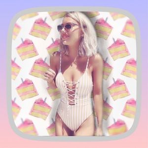 Yellow Stripe Lace-up One Piece Swimsuit